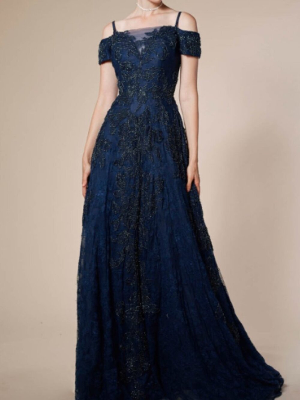 Andrea & Leo Couture Navy Beaded Cold Shoulder Maxi Dress Size 6